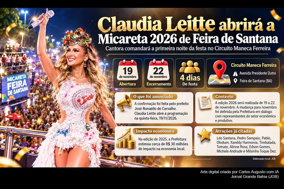 Claudia Leitte abrirá a Micareta de Feira de Santana 2026 em 19 de novembro, no Circuito Maneca Ferreira. A edição prossegue até 22 de novembro e será a primeira realizada no segundo semestre. A programação já reúne Léo Santana, Pedro Sampaio, Pablo, Olodum, Xanddy Harmonia, Carlinhos Brown e outros artistas. A mudança de calendário amplia o debate sobre turismo, impacto econômico, gastos públicos e reposicionamento da festa.