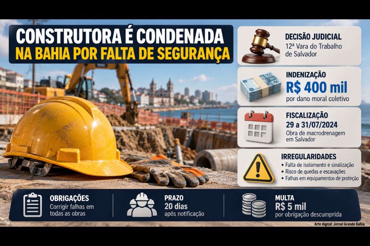 Decisão da 12ª Vara do Trabalho de Salvador determina medidas de proteção aos trabalhadores e condena a Coesa Construção e Montagens S.A. ao pagamento de R$ 400 mil por dano moral coletivo.