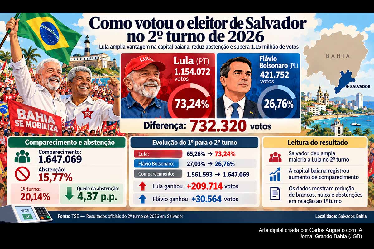 Salvador deu ampla vantagem a Lula no segundo turno das Eleições 2026. O presidente reeleito recebeu 1.154.072 votos, ou 73,24%, contra 421.752 e 26,76% de Flávio Bolsonaro. A diferença chegou a 732.320 votos, enquanto a abstenção caiu de 20,14% para 15,77%. A votação ocorreu sob controvérsia envolvendo a oferta de ônibus, decisões do TRE-BA e a prorrogação excepcional do horário de votação.