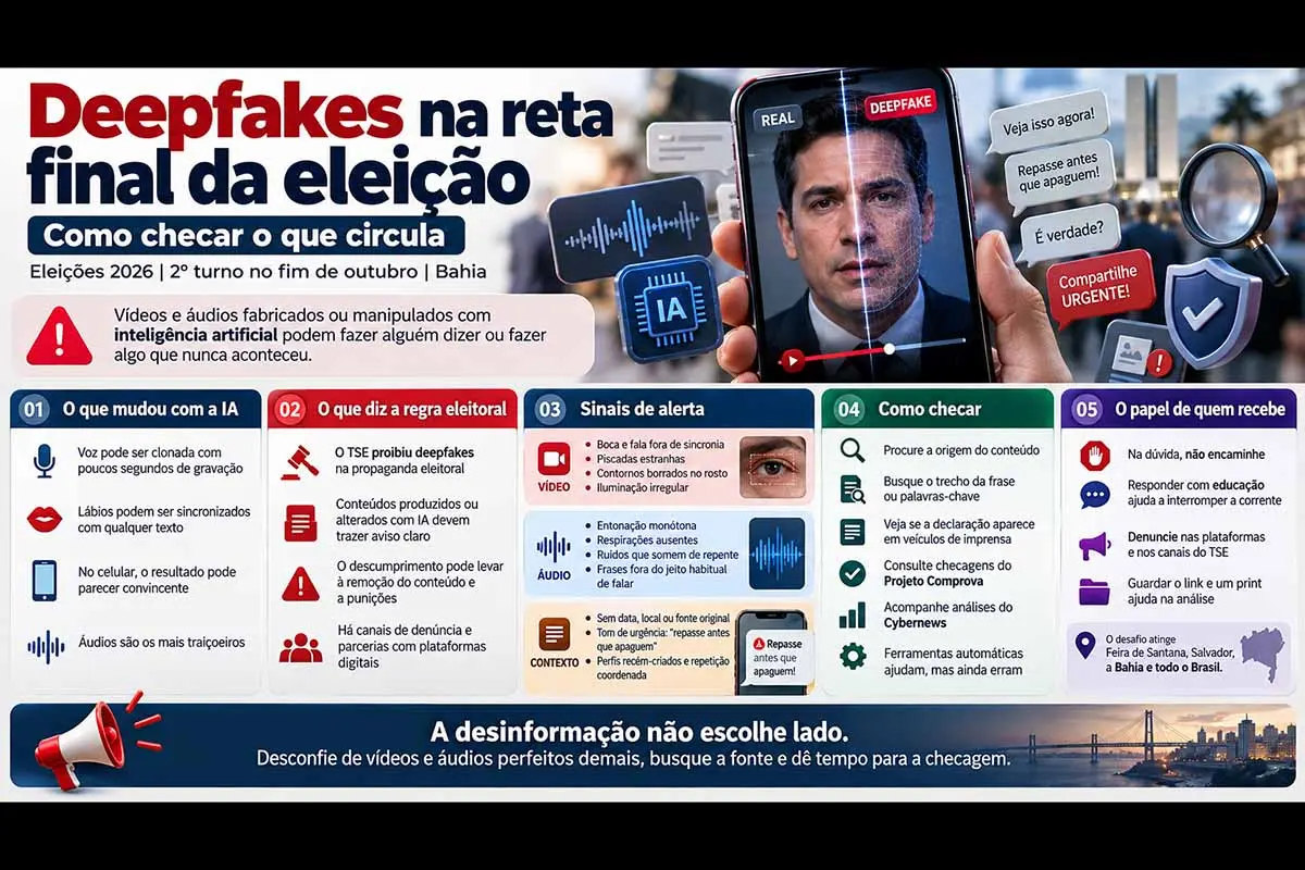 Na reta final das Eleições 2026, vídeos e áudios manipulados por inteligência artificial ampliam o desafio de distinguir conteúdos autênticos de deepfakes. O Tribunal Superior Eleitoral (TSE) regulamenta o uso de IA na propaganda e proíbe deepfakes destinados a favorecer ou prejudicar candidaturas. A reportagem apresenta sinais de manipulação, procedimentos de checagem, canais de denúncia e cuidados antes do compartilhamento, destacando o papel do eleitor no combate à desinformação.