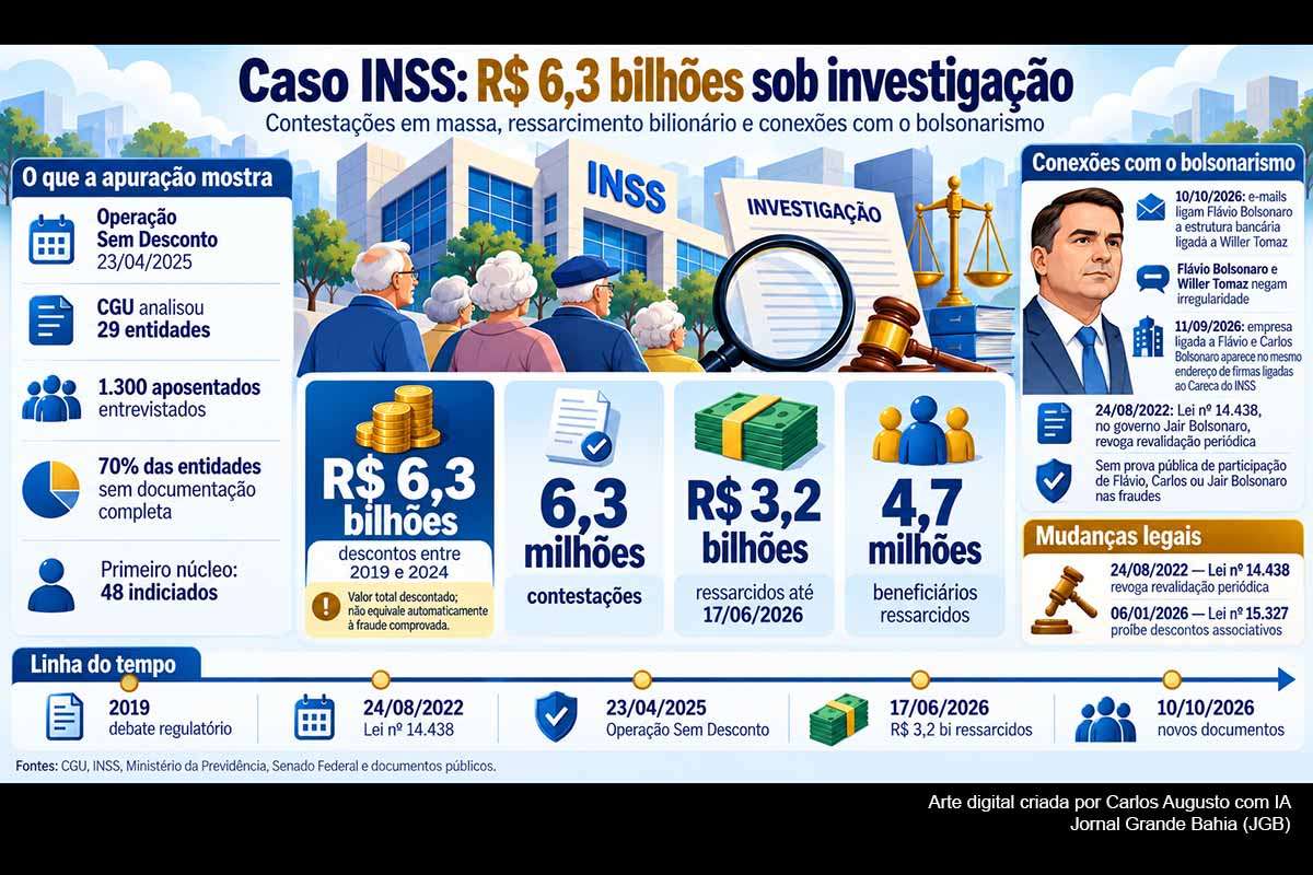 A Operação Sem Desconto investiga um sistema de cobranças associativas que movimentou R$ 6,3 bilhões entre 2019 e 2024 e provocou mais de 6 milhões de contestações. Até junho de 2026, R$ 3,2 bilhões haviam sido devolvidos a 4,7 milhões de beneficiários. Novos documentos relacionam pessoas e estruturas próximas a Flávio Bolsonaro a investigados, mas, até agora, não comprovam participação da família Bolsonaro nos desvios.