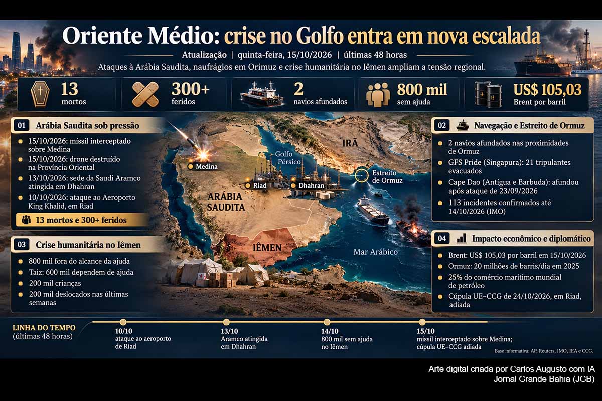 O conflito no Oriente Médio voltou a se agravar com ataques contra a Arábia Saudita, danos à sede da Saudi Aramco, novos incidentes marítimos no Estreito de Ormuz e retomada intensa da guerra no Iêmen. Cerca de 800 mil pessoas estão fora do alcance da ajuda humanitária. A insegurança levou UE e países do Golfo a adiar a cúpula de Riad e mantém sob pressão petróleo, aviação, investimentos e comércio internacional.