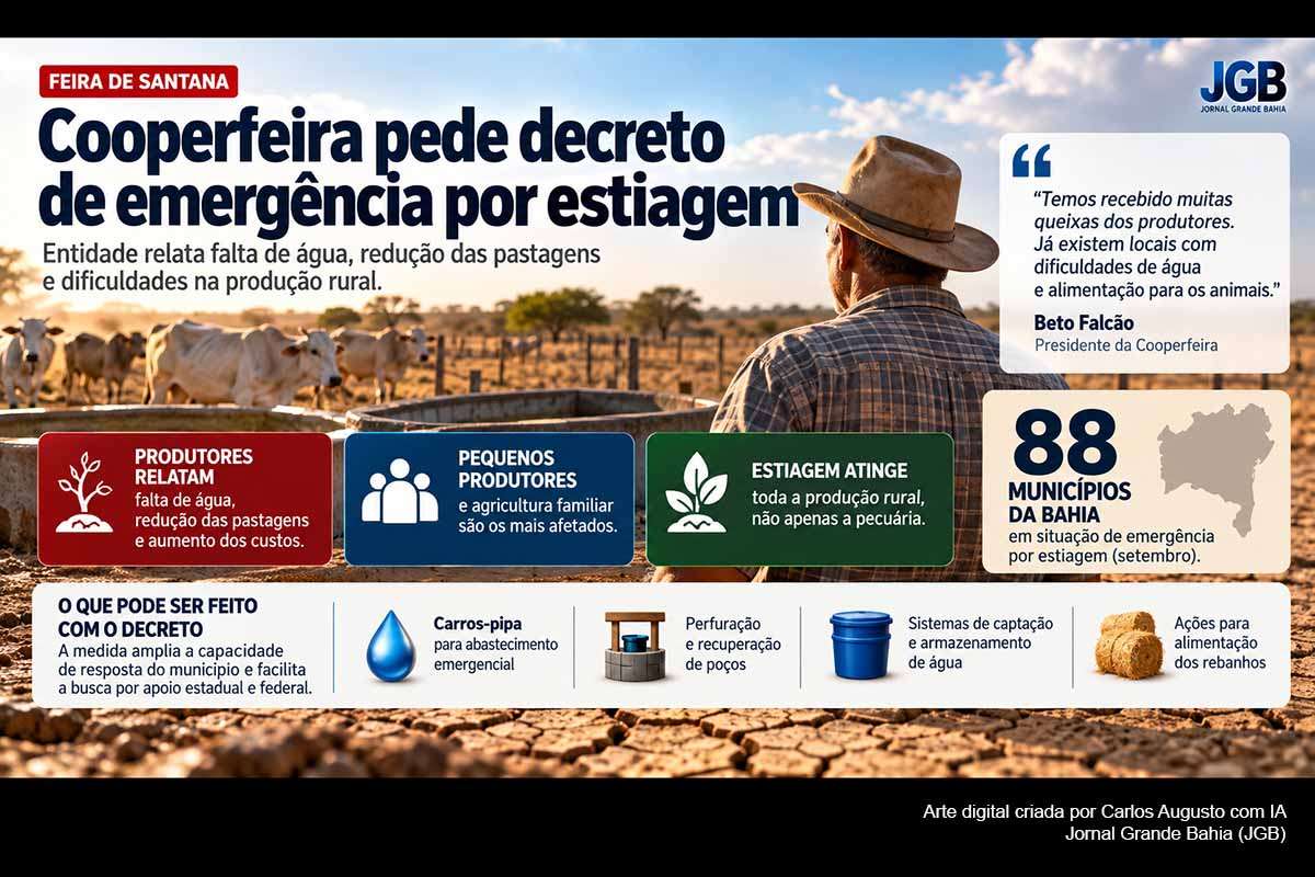 A Cooperfeira pediu que a Prefeitura de Feira de Santana avalie a decretação de emergência por estiagem diante de relatos de falta de água, redução das pastagens e dificuldades na produção rural. O município possui histórico recente de decretos semelhantes, enquanto a Bahia registra dezenas de cidades em emergência. A medida depende de levantamento técnico da Defesa Civil e de decisão do Executivo municipal.
