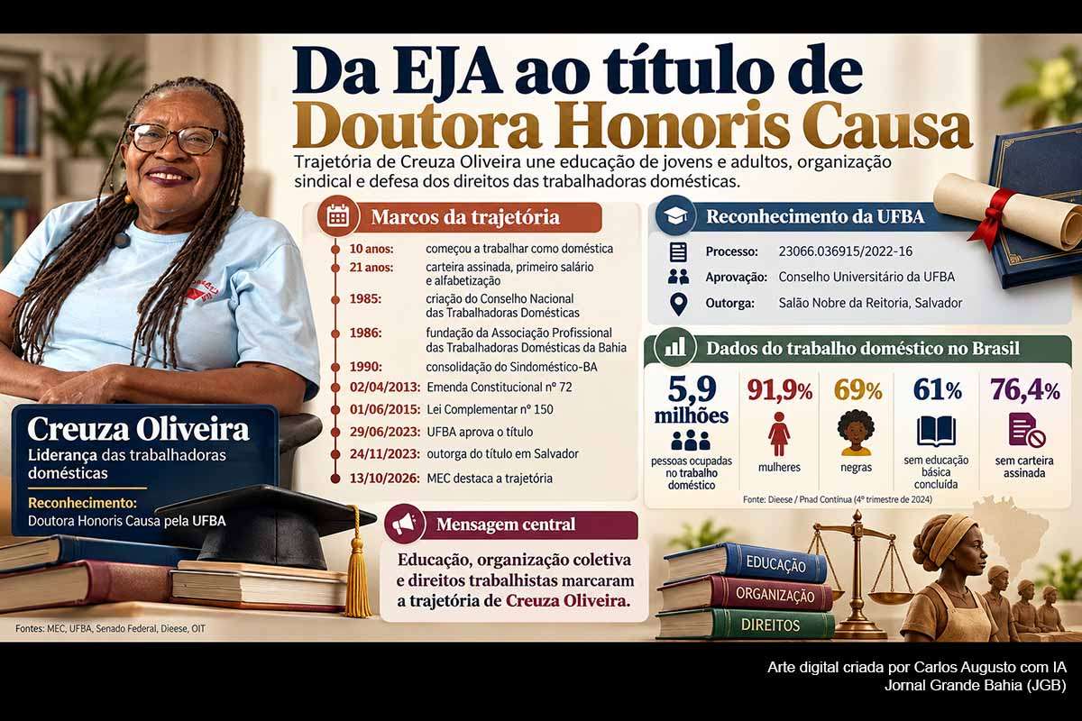 A trajetória de Creuza Oliveira voltou ao debate após publicação do MEC sobre sua passagem pela Educação de Jovens e Adultos. Trabalhadora doméstica desde a infância, ela participou da organização sindical da categoria e das mobilizações por direitos trabalhistas. Em 2023, a UFBA aprovou e concedeu o título de Doutora Honoris Causa. Dados recentes mostram que escolarização, informalidade e desigualdade racial continuam entre os principais desafios das trabalhadoras domésticas brasileiras.