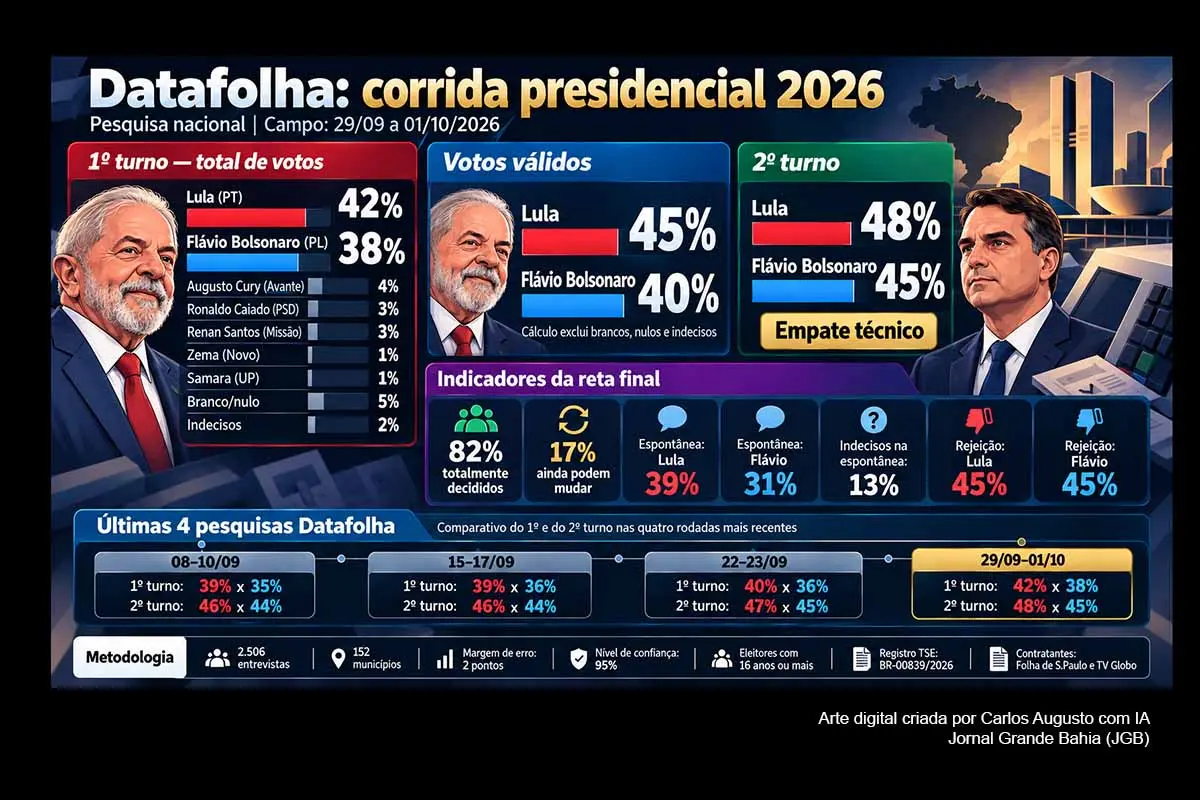 Pesquisa Datafolha realizada entre 29/09 e 01/10/2026 mostra Lula com 42% dos votos totais e 45% dos válidos, diante de 38% e 40% de Flávio Bolsonaro. No segundo turno, o cenário é de 48% a 45%, com empate técnico. A comparação das quatro últimas rodadas registra crescimento dos dois candidatos, queda da indecisão e aumento da decisão do voto às vésperas do primeiro turno.