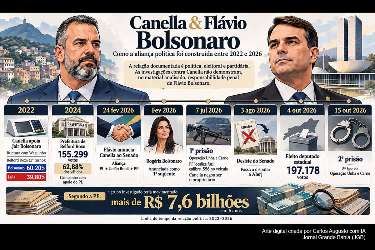 A aproximação de Márcio Canella com a família Bolsonaro começou a ganhar relevância em 2022, quando ele apoiou Jair Bolsonaro e rompeu com Waguinho. Em 2024, sua candidatura à Prefeitura de Belford Roxo recebeu apoio do PL. A relação tornou-se direta em fevereiro de 2026, quando Flávio Bolsonaro o escolheu para disputar o Senado e Rogéria Bolsonaro foi indicada como suplente. A prisão de Canella em julho desmontou a composição. Ele desistiu do Senado, voltou à disputa pela Alerj, foi eleito com 197.178 votos e acabou novamente preso pela PF em 15 de outubro. As investigações contra Canella não estabelecem, até o momento, responsabilidade criminal de Flávio Bolsonaro.