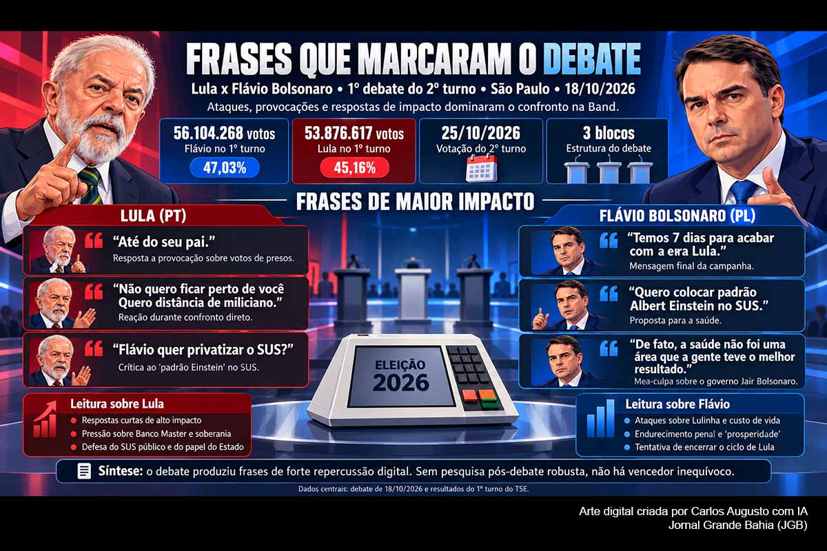 Lula e Flávio Bolsonaro protagonizaram na Band o primeiro debate do segundo turno presidencial de 2026, marcado por confrontos sobre segurança pública, SUS, economia, Banco Master, pandemia e relações com os Estados Unidos. Flávio chegou à etapa decisiva com 47,03% dos votos válidos, contra 45,16% de Lula. O encontro alternou propostas e ataques pessoais, enquanto a repercussão entre indecisos e os próximos movimentos da campanha deverão orientar a reta final até 25 de outubro. Justiça Eleitoral