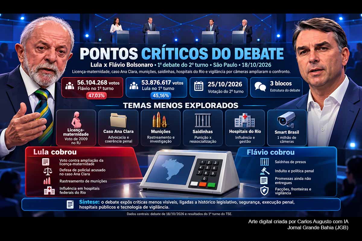 O debate entre Lula e Flávio Bolsonaro revelou controvérsias menos exploradas sobre licença-maternidade, rastreamento de munições, saídas temporárias, hospitais federais do Rio e uso de reconhecimento facial. Lula questionou o histórico legislativo e relações políticas do adversário, enquanto Flávio cobrou resultados do atual governo e endurecimento contra o crime. Os episódios ampliam a discussão sobre segurança, direitos, gestão pública e coerência política na reta final do segundo turno.