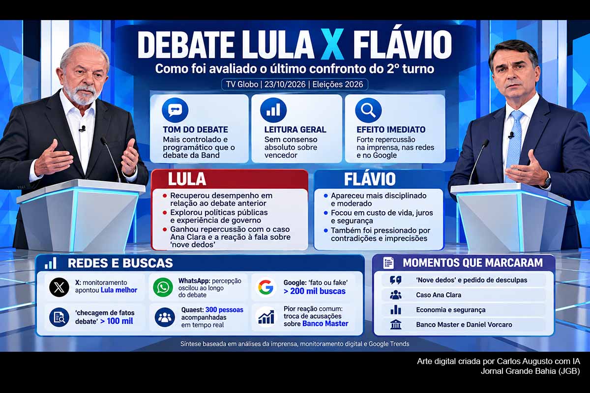 O último debate entre Lula e Flávio Bolsonaro, realizado pela TV Globo em 23/10/2026, teve regras mais rígidas, maior espaço para propostas e novos confrontos pessoais. Análises de grandes veículos, monitoramentos digitais e dados do Google apontam repercussão intensa dos episódios envolvendo os “nove dedos”, o caso Ana Clara, economia e Banco Master, mas ainda sem evidência independente de impacto mensurável sobre a intenção de voto.