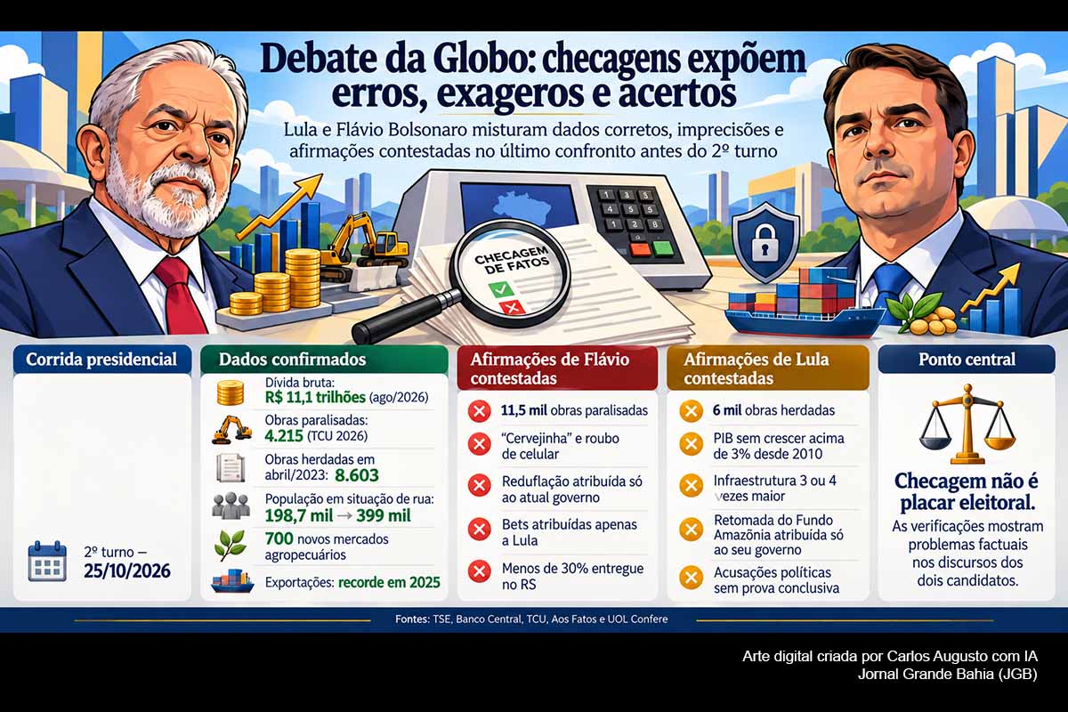 O último debate entre Lula e Flávio Bolsonaro, realizado pela Globo em 23/10/2026, reuniu propostas e uma extensa disputa factual. Checagens identificaram informações falsas, exageradas e imprecisas dos dois candidatos sobre obras, economia, bets, pandemia, políticas sociais, segurança e Banco Master, além de declarações confirmadas por dados oficiais. O confronto antecede o segundo turno de 25/10/2026, sob responsabilidade de totalização do TSE.