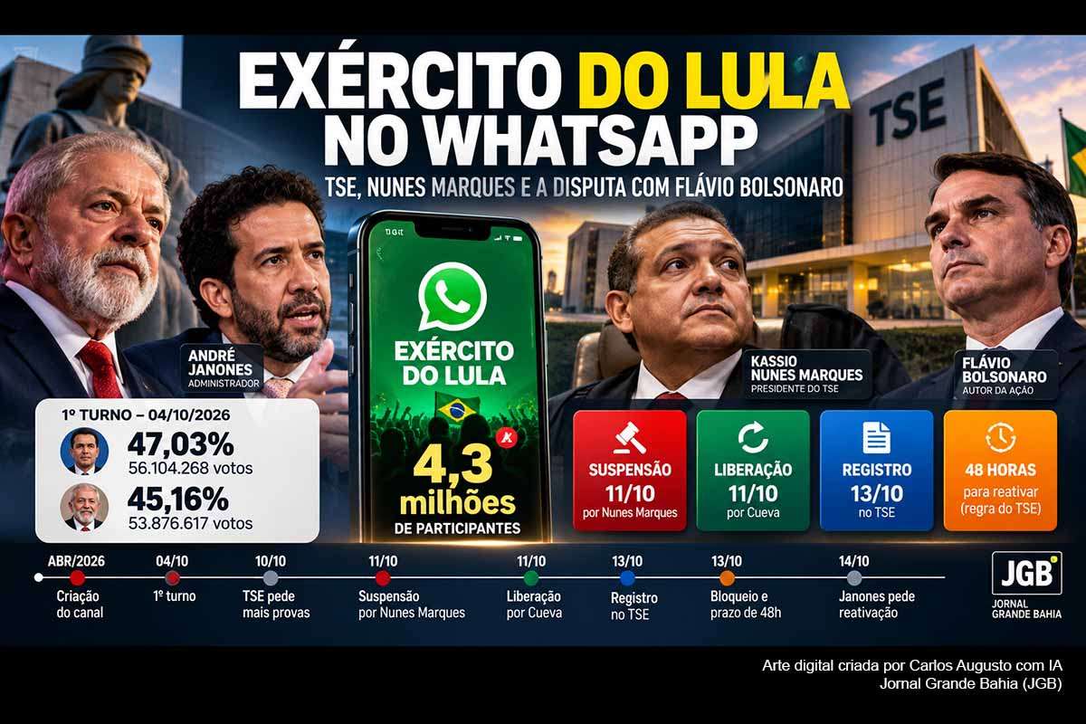 O canal “Exército do Lula”, administrado por André Janones e com mais de 4 milhões de participantes, provocou decisões conflitantes no TSE durante o segundo turno presidencial. Kassio Nunes Marques determinou suspensões, enquanto Ricardo Cueva questionou a amplitude das medidas e pediu análise colegiada. Janones levantou suspeitas de influência da campanha de Flávio Bolsonaro, sem apresentar provas. O caso envolve desinformação, registro eleitoral, isonomia e limites da atuação judicial.