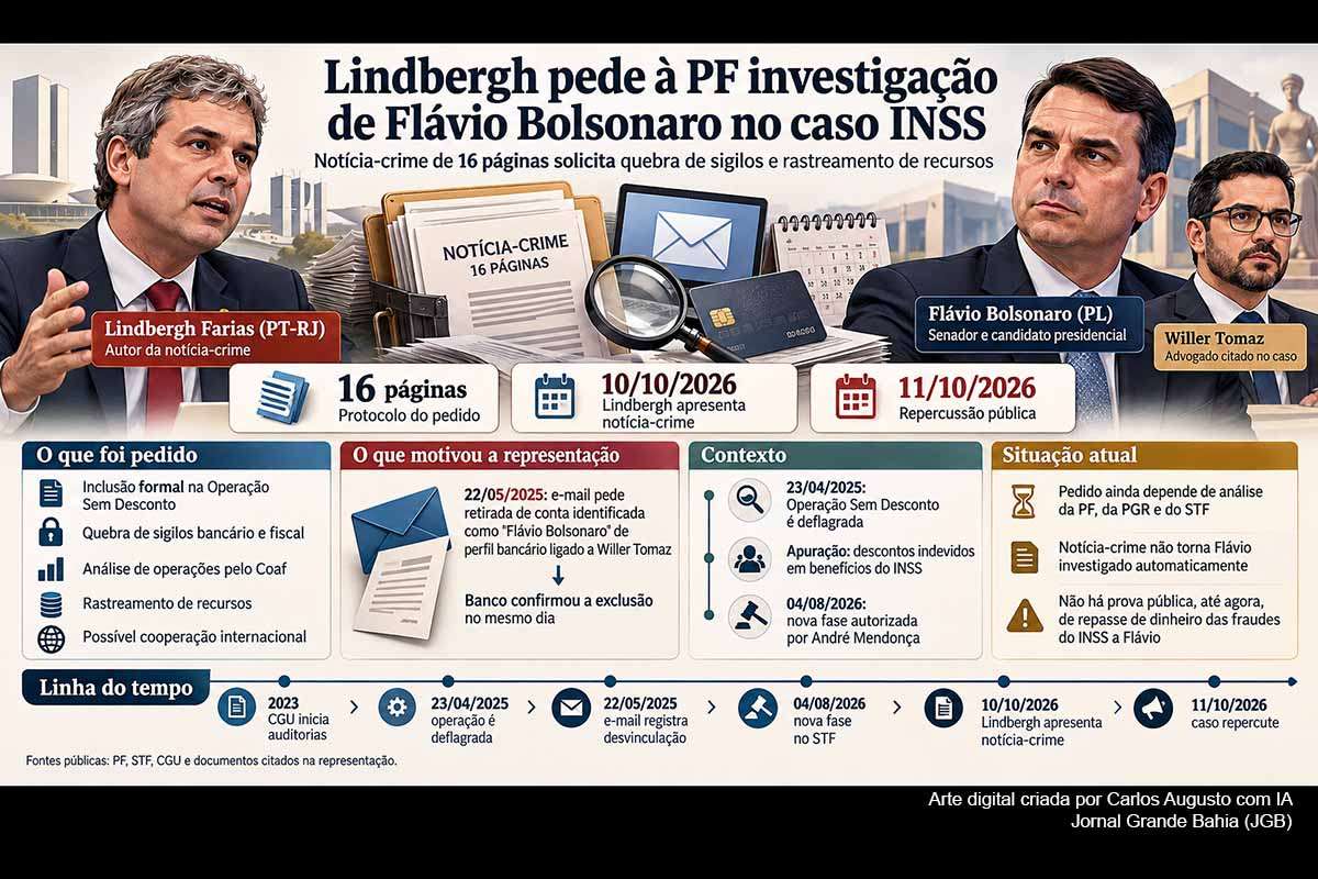 Deputado aciona Polícia Federal após documentos relacionarem conta identificada com o nome de Flávio Bolsonaro a ambiente bancário ligado a Willer Tomaz; senador e advogado negam vínculo financeiro, e pedido depende de análise das autoridades.
