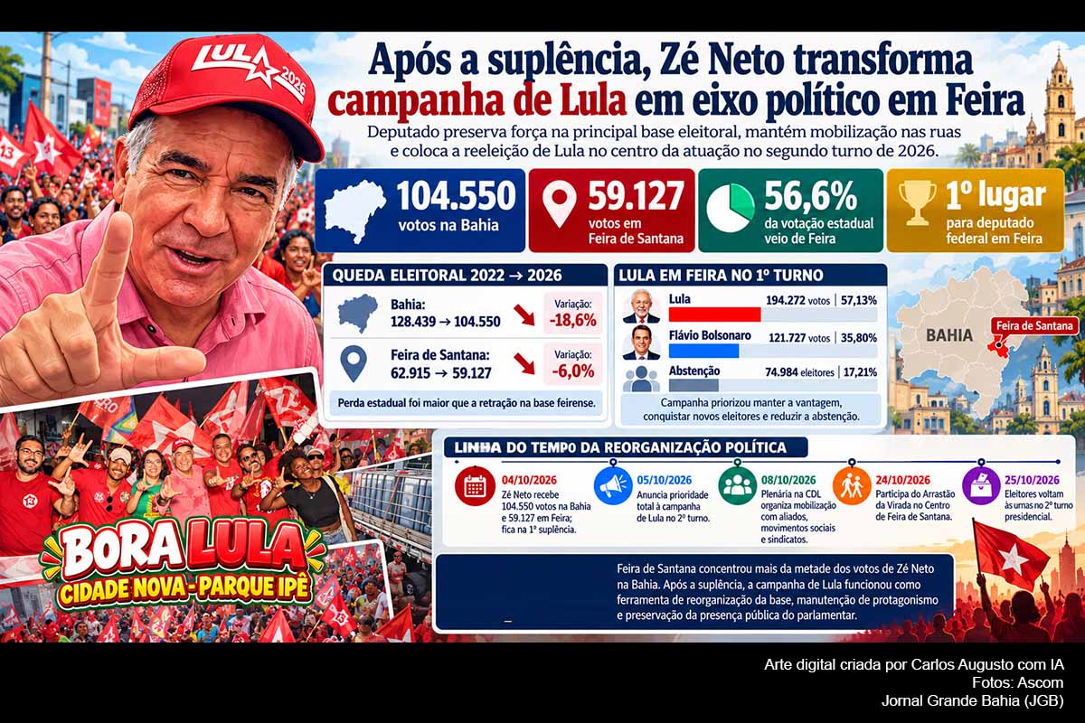 Após ficar na primeira suplência para deputado federal nas Eleições 2026, Zé Neto direcionou sua atuação para a campanha de reeleição de Lula em Feira de Santana. O parlamentar participou de plenárias, caminhadas e do Arrastão da Virada e preservou uma base eleitoral expressiva no município, onde recebeu 59.127 votos e liderou a disputa para a Câmara Federal.