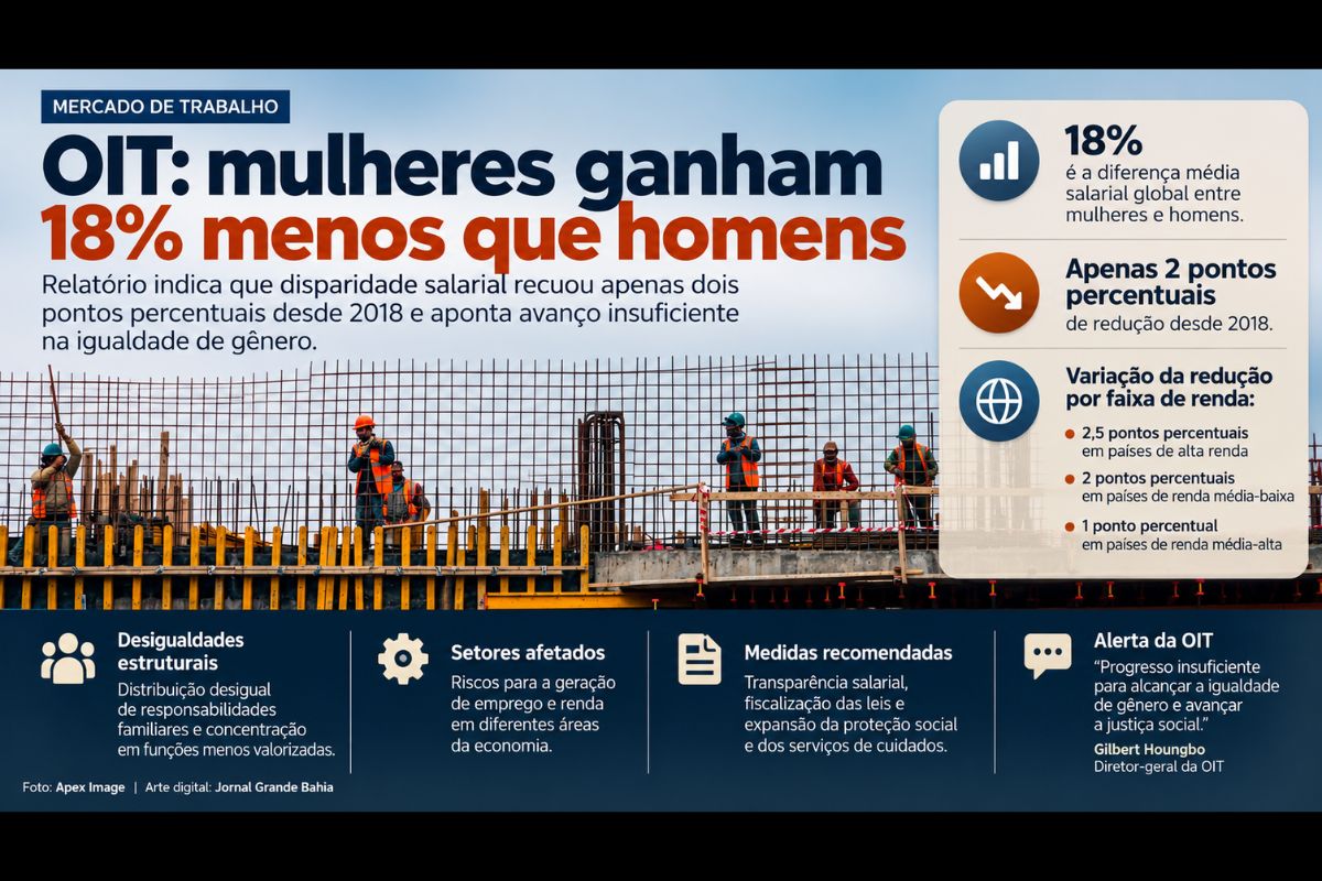 Relatório da Organização Internacional do Trabalho indica redução limitada da disparidade salarial e defende transparência remuneratória, fiscalização das leis e ampliação das políticas de proteção social.