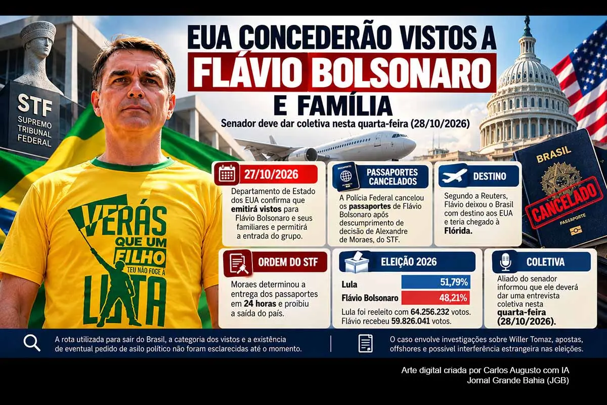 Os Estados Unidos anunciaram que emitirão vistos para Flávio Bolsonaro e familiares após o senador descumprir decisão do STF que determinava a entrega dos passaportes e proibia sua saída do Brasil. Reuters relata que ele chegou aos EUA, enquanto a rota permanece incerta. Sem mandado de prisão confirmado, Flávio não é tecnicamente foragido. Uma coletiva prevista para 28/10/2026 deverá esclarecer sua situação política, jurídica e migratória.
