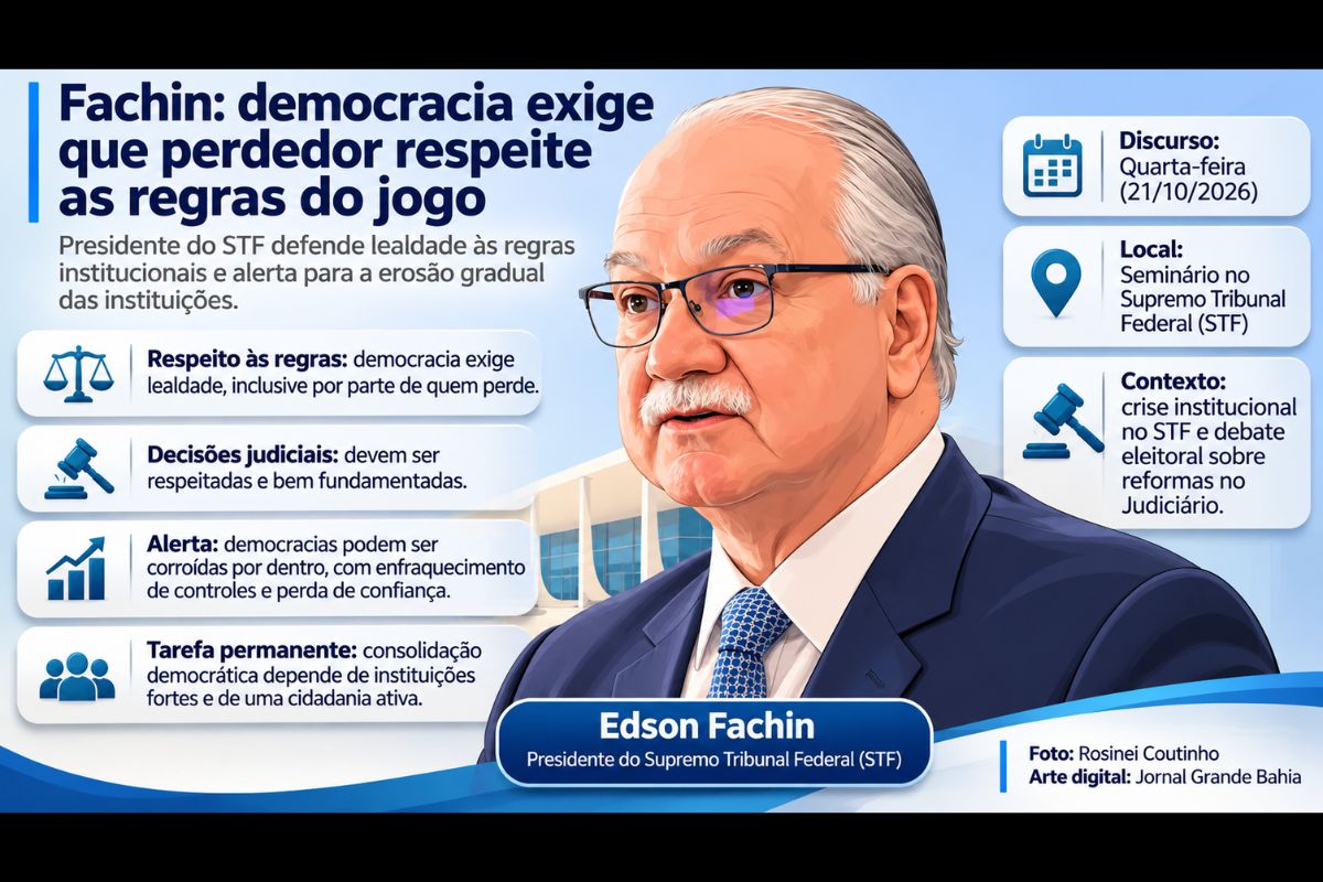 Presidente do Supremo Tribunal Federal afirma que a democracia depende do respeito às instituições, aos controles constitucionais e às decisões judiciais fundamentadas, em pronunciamento realizado a quatro dias do segundo turno presidencial.