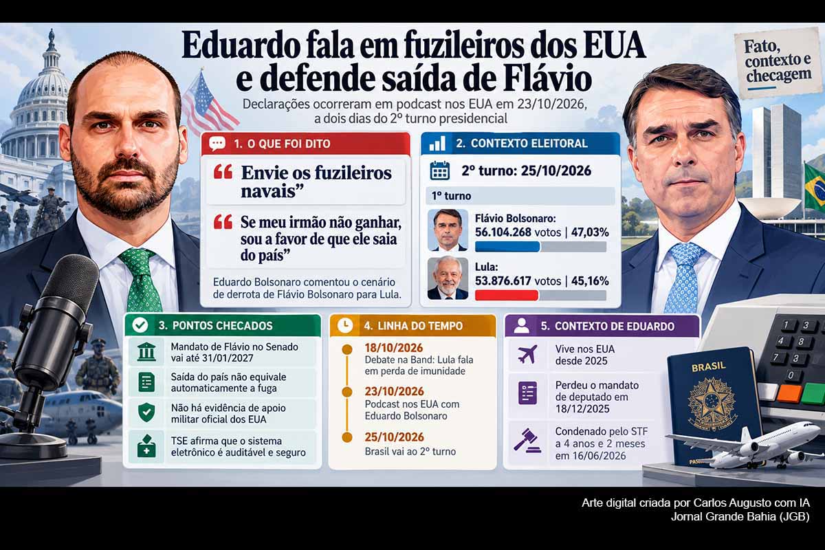 Eduardo Bolsonaro afirmou em podcast dos Estados Unidos que Flávio Bolsonaro deveria deixar o Brasil caso perca o segundo turno presidencial para Lula e, em tom jocoso, mencionou o envio de fuzileiros navais americanos. O ex-deputado também contestou as urnas sem apresentar provas. As declarações ocorrem enquanto Eduardo cumpre situação de condenado pelo STF e Flávio disputa a Presidência neste 25/10/2026.