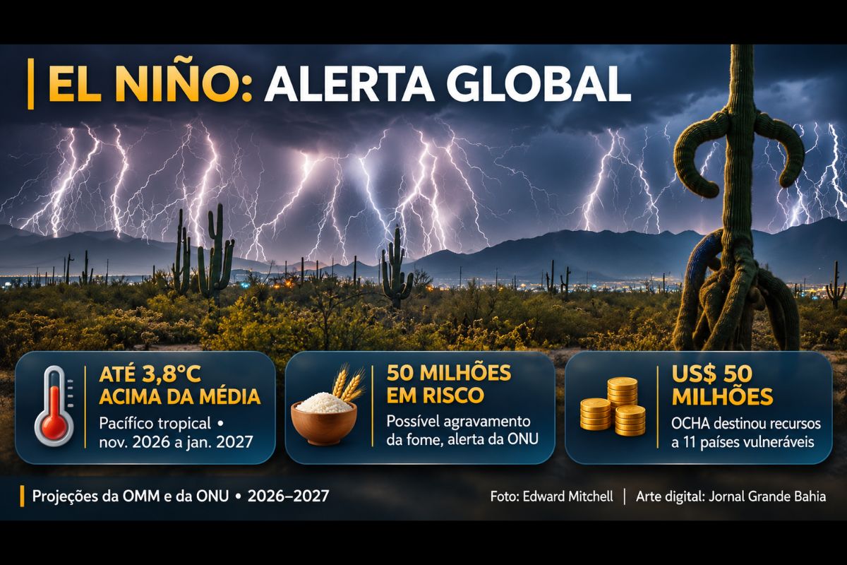 Organização Meteorológica Mundial prevê aquecimento de até 3,8°C acima da média no Pacífico tropical entre novembro de 2026 e janeiro de 2027.