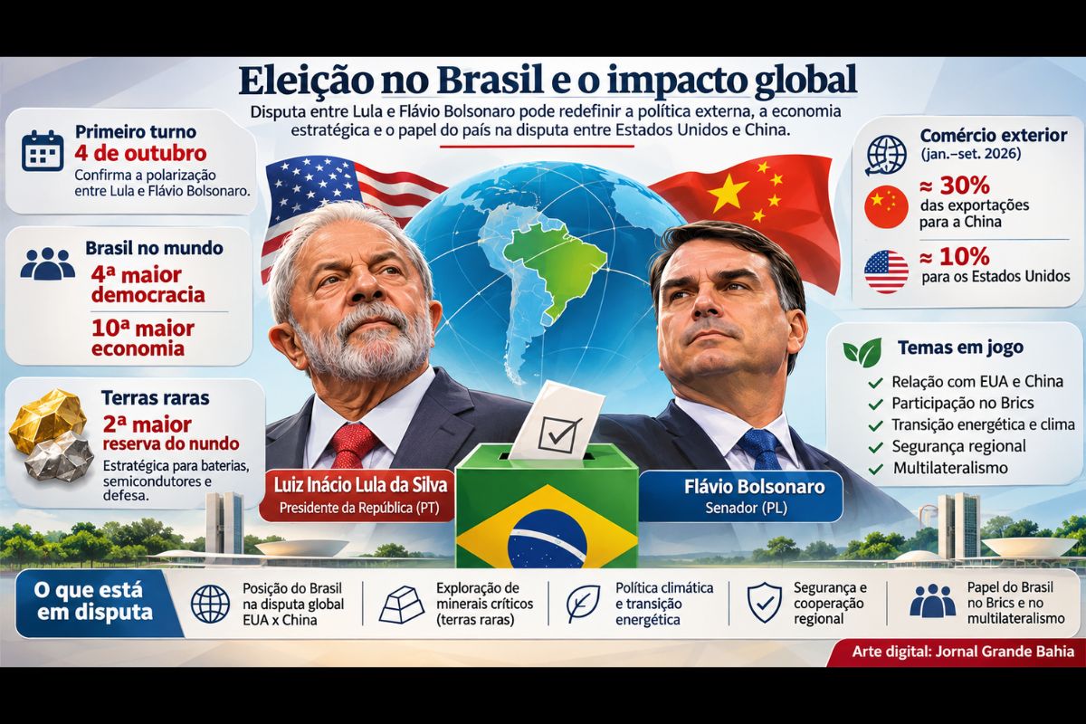 Disputa entre Luiz Inácio Lula da Silva e Flávio Bolsonaro pode redefinir a política externa brasileira, a relação com o Brics, a exploração de minerais críticos e a posição do país na América Latina.