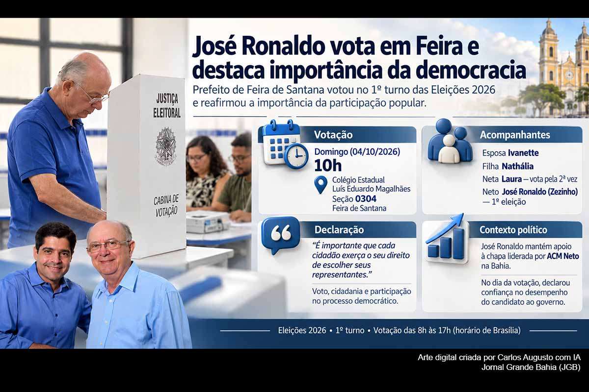 O prefeito José Ronaldo votou neste domingo (04/10/2026) em Feira de Santana acompanhado de familiares e destacou a participação popular e a democracia. O gestor também manifestou confiança em ACM Neto, cuja chapa apoia desde março. Durante a campanha, Ronaldo participou de convenções, articulações e atos eleitorais. O primeiro turno define neste domingo os representantes estaduais e federais, com resultados divulgados pelo TSE após as 17h.