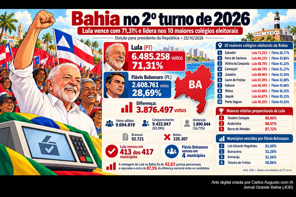 Veja como Lula e Flávio Bolsonaro foram votados nos dez maiores colégios eleitorais da Bahia, nos municípios de maior vantagem petista e nas quatro cidades vencidas pelo PL.