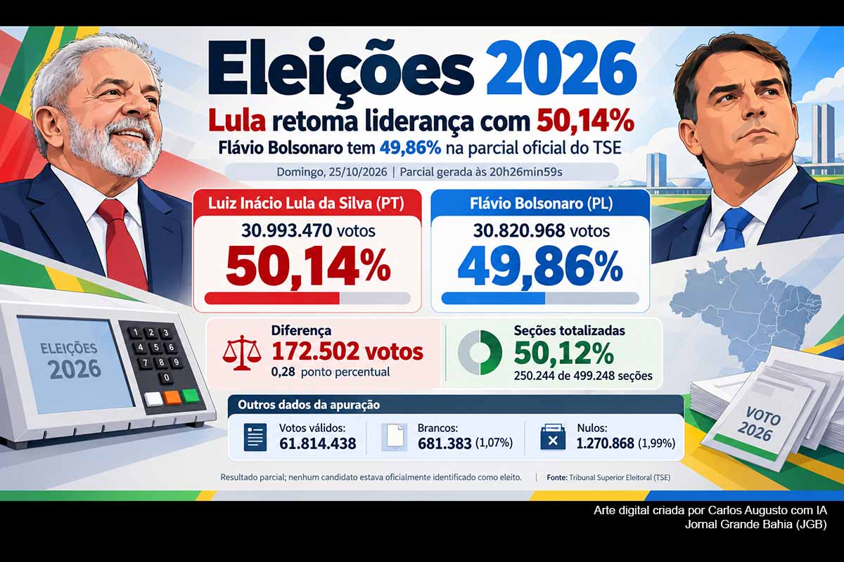 Na parcial oficial do TSE gerada às 20h26min59s deste domingo (25/10/2026), Lula assumiu a liderança com 30.993.470 votos, ou 50,14%, contra 30.820.968 votos e 49,86% de Flávio Bolsonaro. A diferença é de 172.502 votos. O sistema já havia totalizado 50,12% das 499.248 seções, com 61,8 milhões de votos válidos. O resultado presidencial permanecia indefinido.