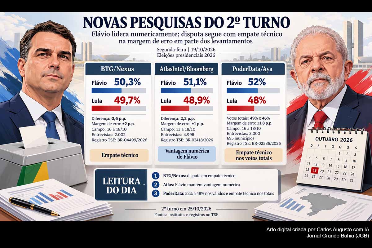 Três pesquisas nacionais divulgadas nesta segunda-feira atualizam a disputa presidencial. BTG/Nexus registra 50,3% a 49,7% nos votos válidos, AtlasIntel aponta 51,1% a 48,9% e PoderData apresenta 52% a 48%, sempre com Flávio Bolsonaro numericamente à frente de Lula. Os levantamentos utilizam metodologias e margens de erro distintas.