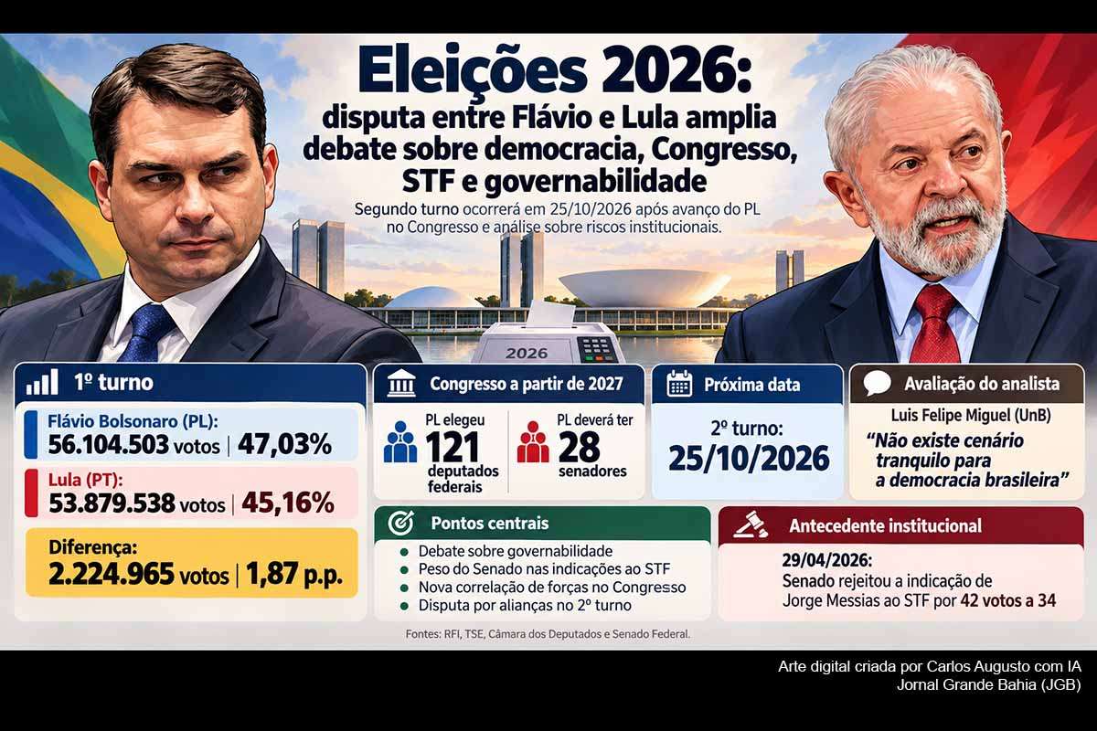Flávio Bolsonaro e Lula disputam a Presidência em 25/10/2026 após diferença de 1,87 ponto percentual no primeiro turno. O avanço do PL, que terá 121 deputados e deverá reunir 28 senadores, ampliou o debate sobre governabilidade, STF e mudanças constitucionais. O cientista político Luis Felipe Miguel identifica riscos institucionais distintos nos dois cenários, enquanto alianças, abstenção e limites constitucionais tornam-se decisivos para os próximos desdobramentos.