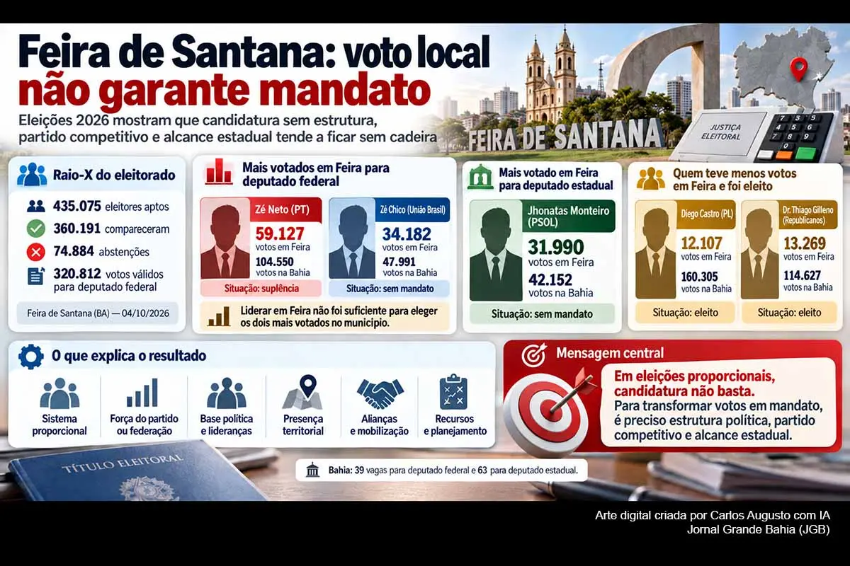 Os resultados de 2026 em Feira de Santana, município com 435.075 eleitores aptos, mostram que votação local expressiva não garante mandato proporcional. Zé Neto, Zé Chico e Jhonatas Monteiro tiveram forte desempenho no município, mas não conquistaram vagas titulares. O cenário evidencia o peso do alcance estadual, das legendas, das redes políticas, dos recursos e do planejamento, além de exigir cautela ao distinguir renovação legítima de candidaturas sem estrutura eleitoral consolidada.