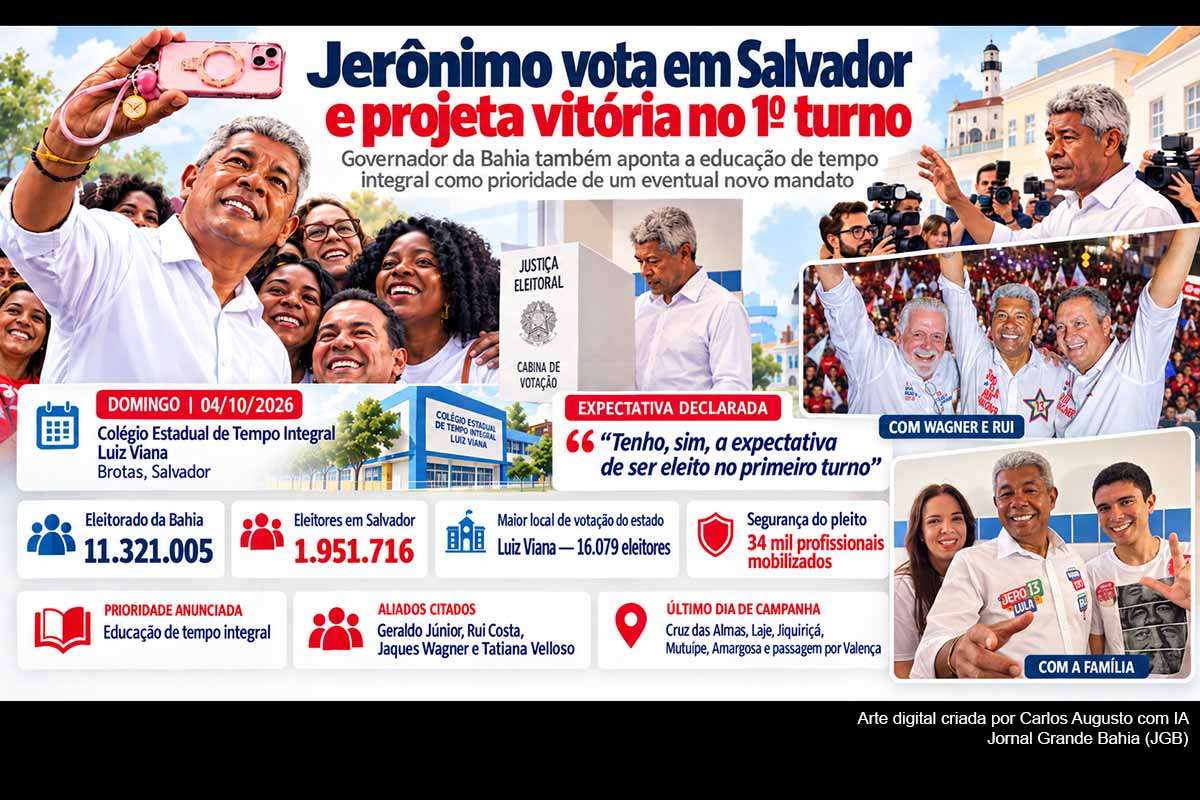 Neste domingo (04/10/2026), Jerônimo Rodrigues votou em Salvador e declarou expectativa de vencer a eleição para governador no primeiro turno. O candidato associou sua campanha a Lula, Rui Costa e Jaques Wagner, projetou ampliação das bancadas governistas e definiu a educação de tempo integral como prioridade de eventual novo mandato. Pesquisas da véspera divergiram sobre a liderança, mantendo a definição dependente da apuração oficial.