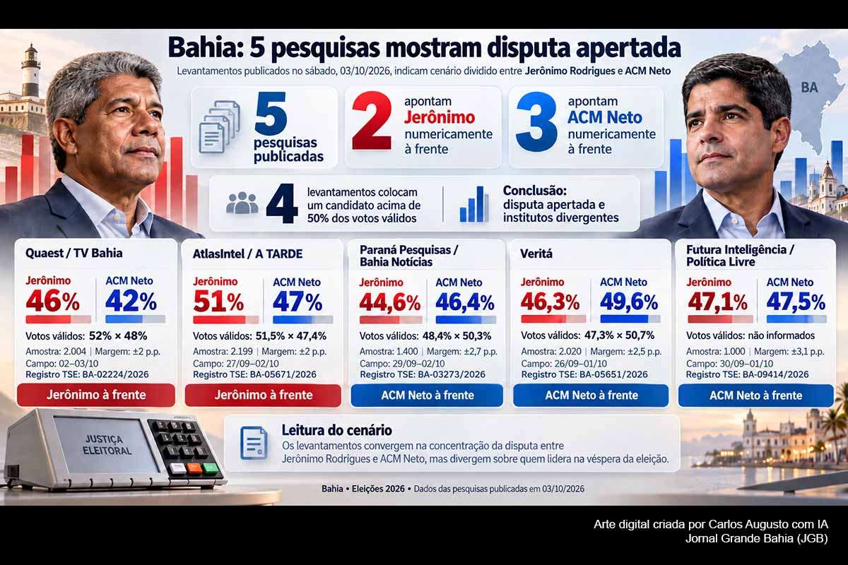 Cinco pesquisas publicadas no sábado (03/10/2026) mostram Jerônimo Rodrigues e ACM Neto em disputa concentrada pelo Governo da Bahia. Quaest e AtlasIntel colocam Jerônimo numericamente à frente, enquanto Paraná, Veritá e Futura registram ACM Neto na dianteira. Quatro levantamentos apresentam um dos candidatos acima de 50% dos votos válidos, mas as margens de erro e as diferenças metodológicas impedem antecipar se haverá definição no primeiro turno.
