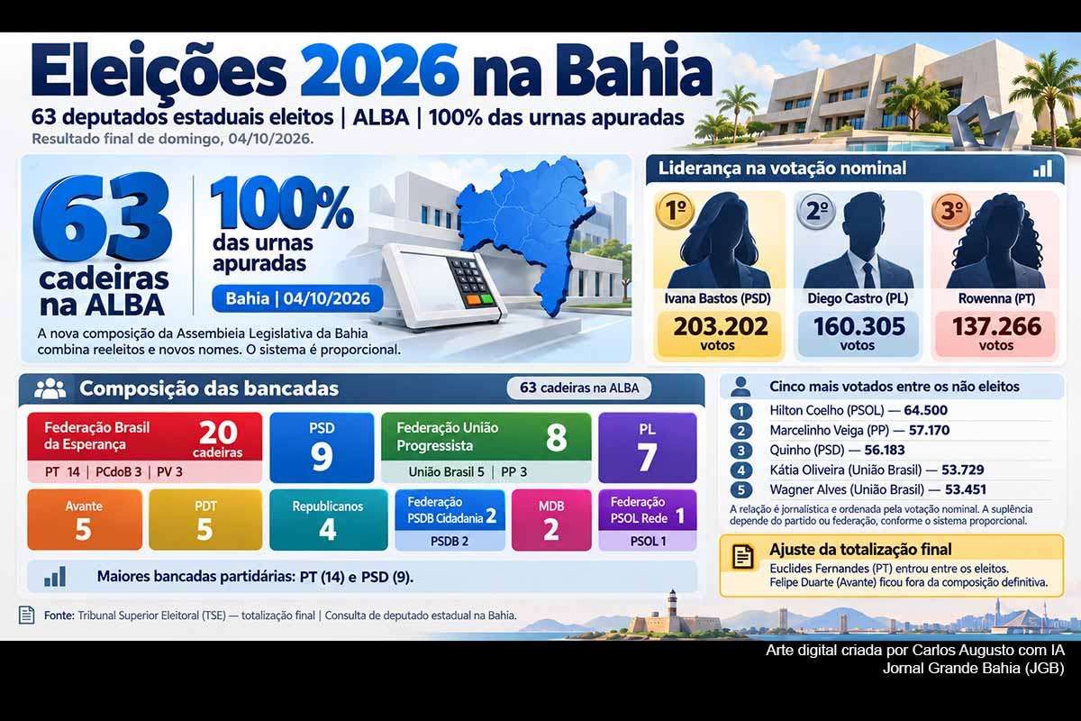 A Bahia elegeu 63 deputados estaduais para a legislatura iniciada em 2027. Ivana Bastos (PSD) liderou a votação, seguida por Diego Castro (PL) e Rowenna (PT). A Federação Brasil da Esperança conquistou 20 cadeiras, enquanto o PSD obteve nove. A apuração também evidenciou os efeitos do sistema proporcional, com candidatos de votação expressiva fora das vagas e alterações na composição definitiva após a totalização de 100% das urnas.