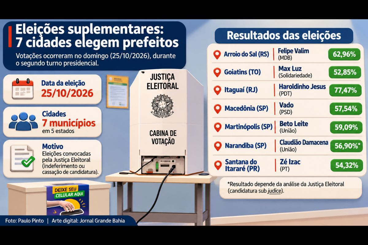 Disputas municipais realizadas em 25 de outubro de 2026 definiram prefeitos em cidades do Rio Grande do Sul, Tocantins, Rio de Janeiro, São Paulo e Paraná.