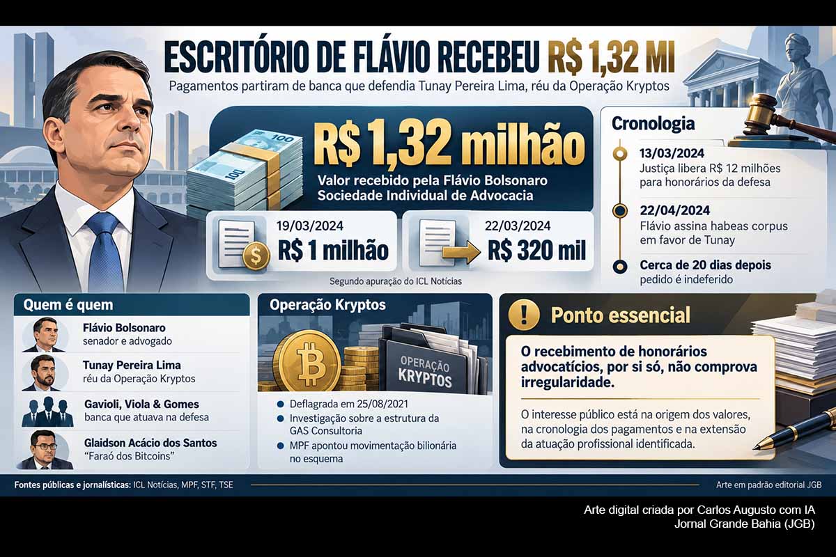 O escritório de Flávio Bolsonaro recebeu, segundo investigação do ICL, R$ 1,32 milhão em março de 2024 de uma banca que defendia Tunay Pereira Lima, réu da Operação Kryptos. Um mês depois, o senador assinou habeas corpus em favor do acusado. Reportagens também apontam outras relações financeiras com o mesmo escritório. Os pagamentos não comprovam irregularidade, mas contratos, serviços prestados e transferências ainda demandam esclarecimento documental.