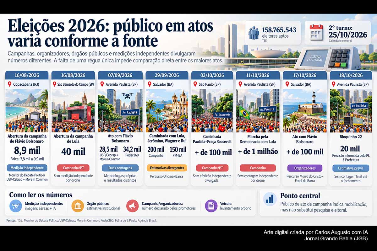 As Eleições 2026 registram grandes mobilizações de rua de Lula, Flávio Bolsonaro e aliados, mas as estimativas de público utilizam métodos distintos. USP/Cebrap e More in Common empregam drones e inteligência artificial, enquanto campanhas, organizadores, veículos e órgãos públicos divulgam números próprios. Atos em São Paulo, Salvador e Rio evidenciam divergências que exigem atribuição clara das fontes e cautela antes de tratar qualquer cifra como contagem definitiva.