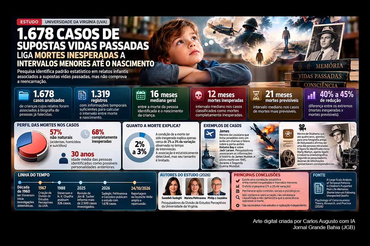 Estudo da Universidade da Virgínia analisou 1.678 casos de crianças associadas a supostas memórias de vidas passadas e identificou intervalos menores após mortes inesperadas. A mediana geral foi de 16 meses, caindo para cerca de 12 meses nos falecimentos mais imprevistos. A correlação permaneceu após controles sociais e psicológicos, mas é pequena, observacional e não comprova reencarnação nem sobrevivência da consciência, exigindo replicação independente e novas investigações.