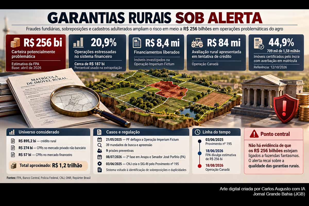 A FPA estima em R$ 256 bilhões a carteira potencialmente problemática do agronegócio, enquanto investigações policiais revelam casos de imóveis rurais fictícios ou registros adulterados utilizados como garantias financeiras. A Operação Imperium Fictum identificou financiamentos superiores a R$ 8,4 milhões, e a Operação Canadá apura uma avaliação de R$ 84 milhões. CNJ, Banco Central, instituições financeiras e órgãos fundiários enfrentam o desafio de ampliar a segurança das garantias rurais.