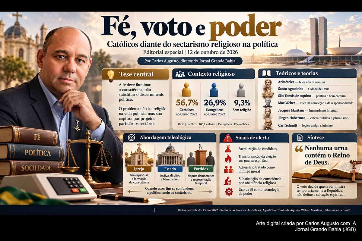 No Dia de Nossa Senhora Aparecida, reflexão reúne Santo Agostinho, São Tomás de Aquino, Aristóteles, Max Weber, Jacques Maritain, Habermas, Vaticano II e CNBB para discutir os limites entre fé e poder. O texto analisa a sacralização da política, inclusive em setores do bolsonarismo, defende liberdade de consciência e sustenta que religião pode participar da democracia sem transformar candidatos ou partidos em representantes exclusivos de Deus.