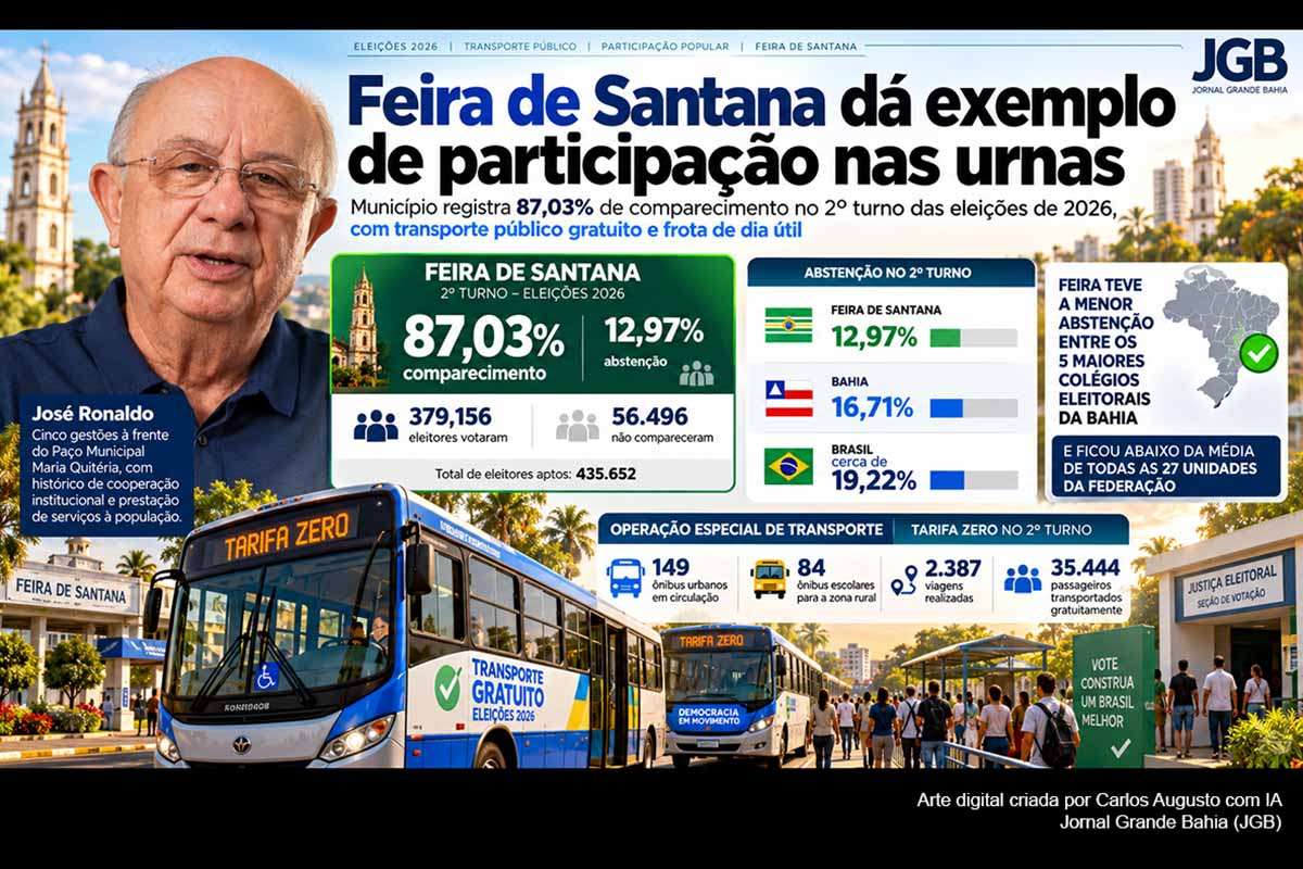 Feira de Santana teve 12,97% de abstenção e 87,03% de comparecimento no segundo turno de 2026, índices superiores às médias de participação da Bahia e do Brasil, após operação gratuita e reforçada do transporte público.