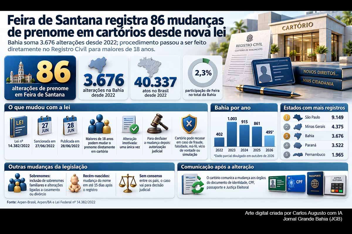 Lei nº 14.382/2022 ampliou a alteração extrajudicial do prenome para maiores de 18 anos e modificou regras sobre sobrenomes e registros de recém-nascidos.