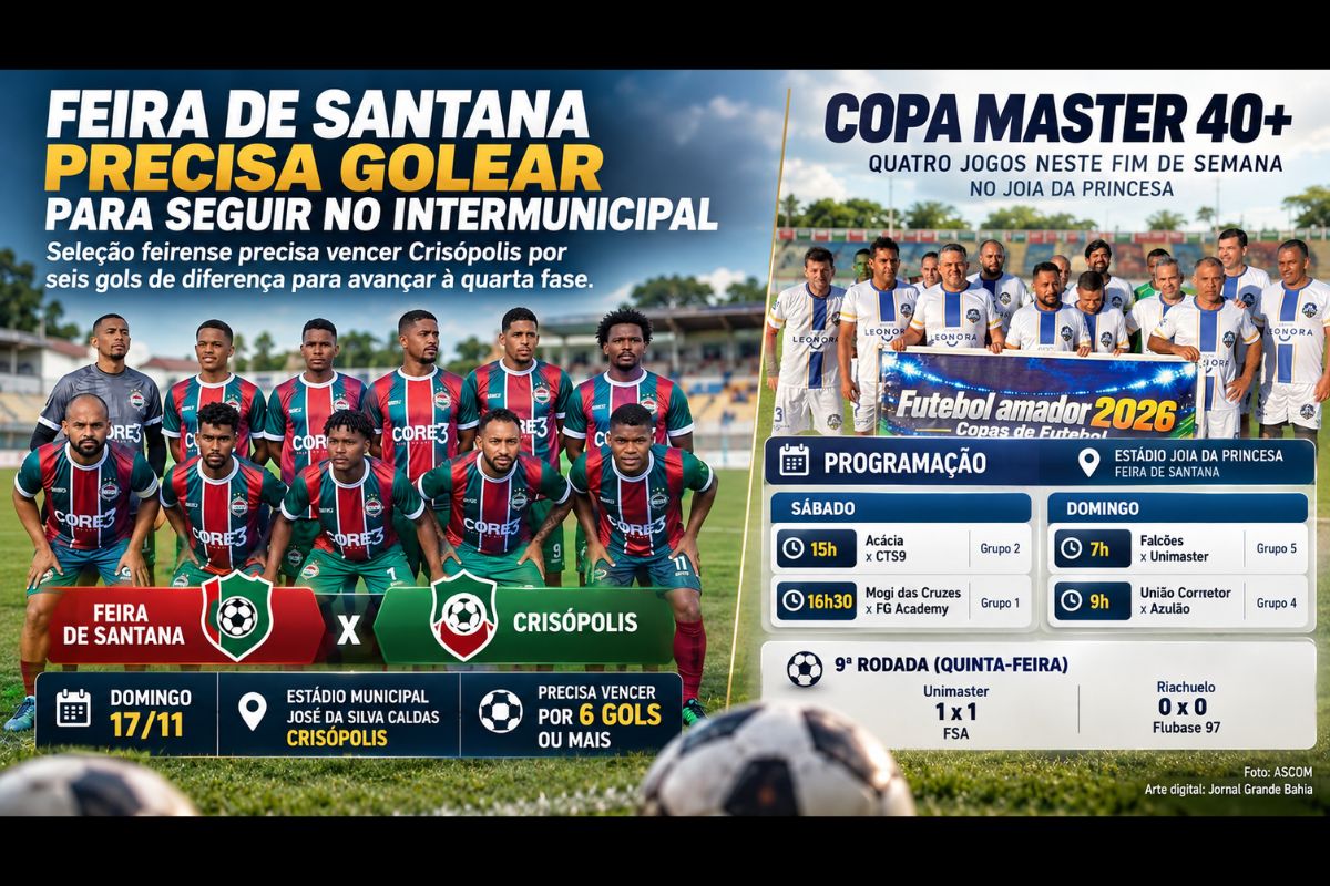 Seleção feirense tenta reverter derrota por 6 a 0 nas oitavas de final, enquanto a Copa Master 40+ movimenta o Estádio Joia da Princesa com partidas no sábado e no domingo.