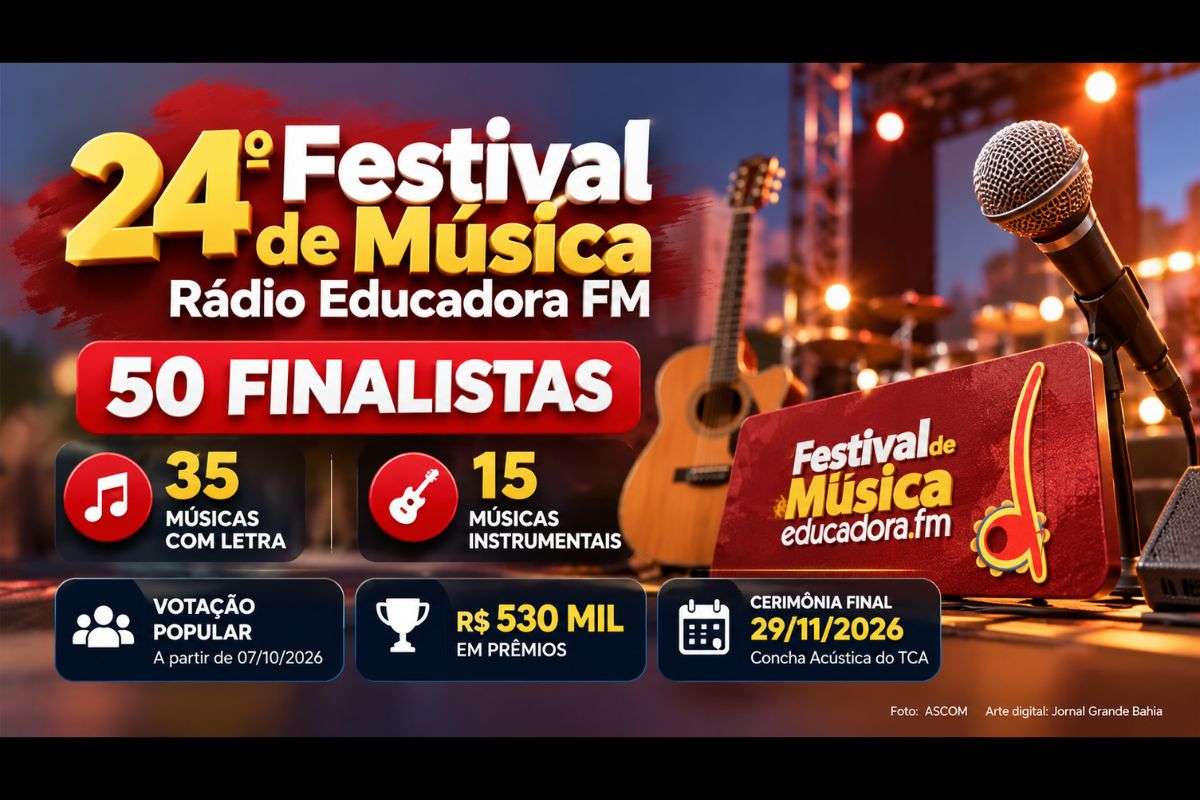 24ª edição selecionou 35 músicas com letra e 15 instrumentais; vencedores serão anunciados em 29 de novembro, durante cerimônia na Concha Acústica do TCA.