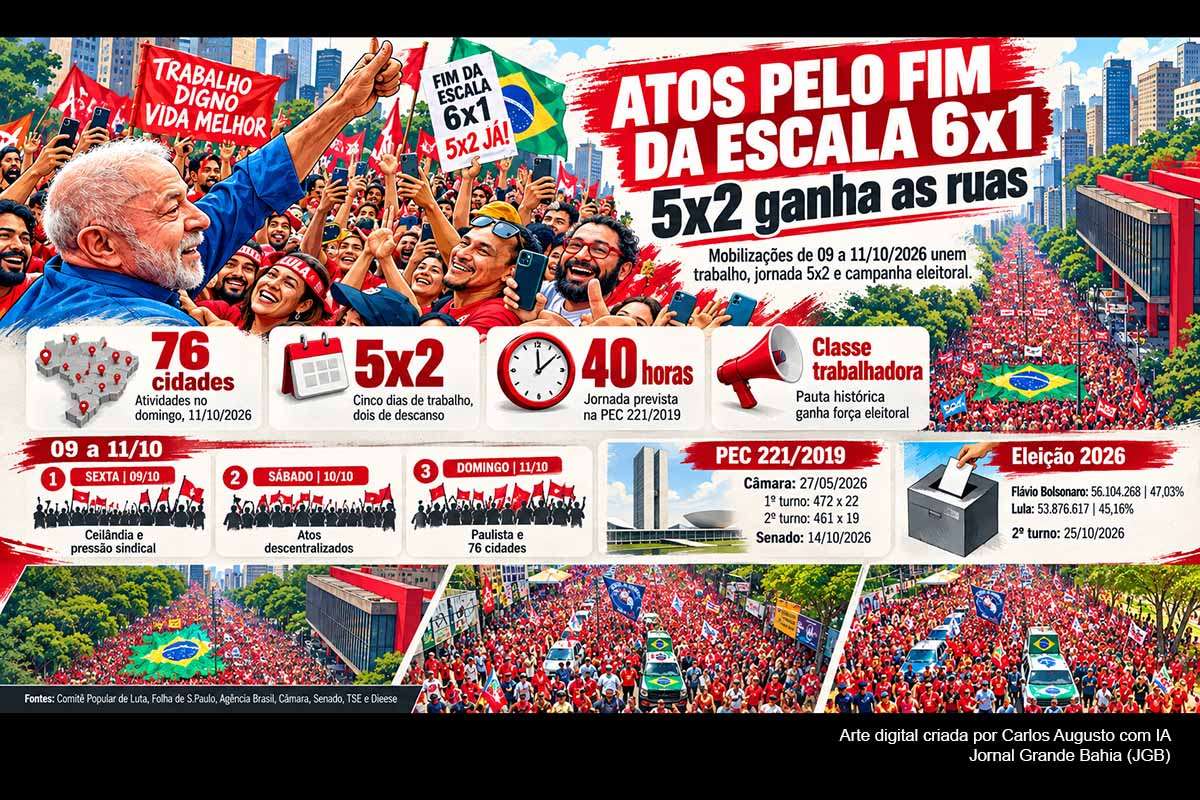 Mobilizações realizadas entre sexta-feira (09) e domingo (11/10/2026) alcançaram ao menos 76 cidades, combinando atos políticos, estudantis e sindicais. O fim da escala 6x1 e a implantação da 5x2 ganharam destaque na campanha de Lula, três dias antes da votação da PEC 221/2019 no Senado. A pauta possui raízes históricas no movimento trabalhista, mas também se tornou elemento estratégico da disputa presidencial contra Flávio Bolsonaro.