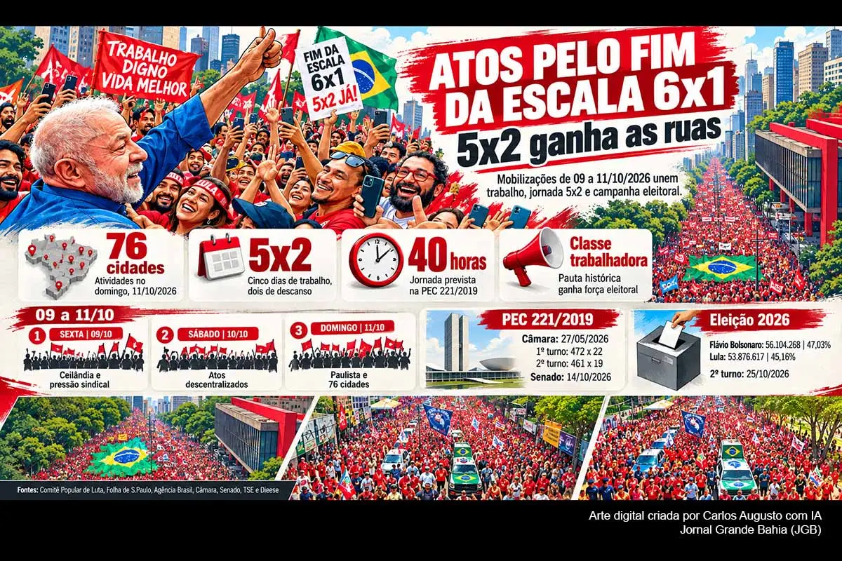 Mobilizações realizadas entre sexta-feira (09) e domingo (11/10/2026) alcançaram ao menos 76 cidades, combinando atos políticos, estudantis e sindicais. O fim da escala 6x1 e a implantação da 5x2 ganharam destaque na campanha de Lula, três dias antes da votação da PEC 221/2019 no Senado. A pauta possui raízes históricas no movimento trabalhista, mas também se tornou elemento estratégico da disputa presidencial contra Flávio Bolsonaro.