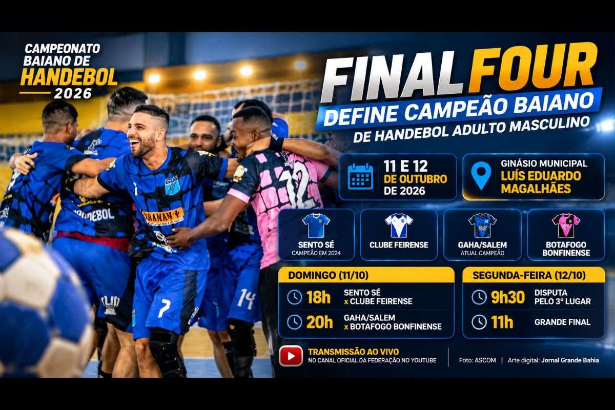Sento Sé, Clube Feirense, GAHA/Salem e Botafogo Bonfinense disputam as partidas decisivas do Campeonato Baiano de Handebol 2026 após classificação nas conferências territoriais.