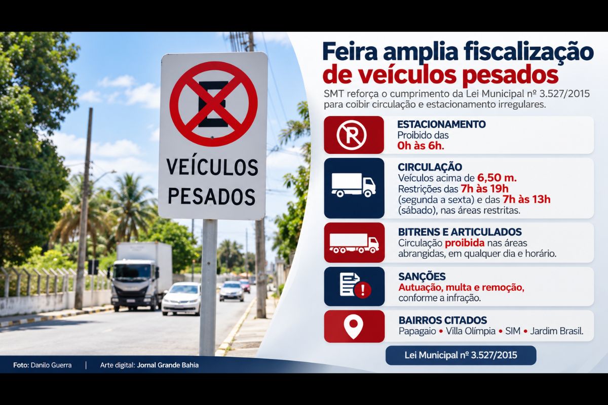 SMT reforça o cumprimento da Lei Municipal nº 3.527/2015, que estabelece restrições para veículos pesados, prevê sanções e busca reduzir riscos no trânsito e o estacionamento irregular em bairros residenciais.