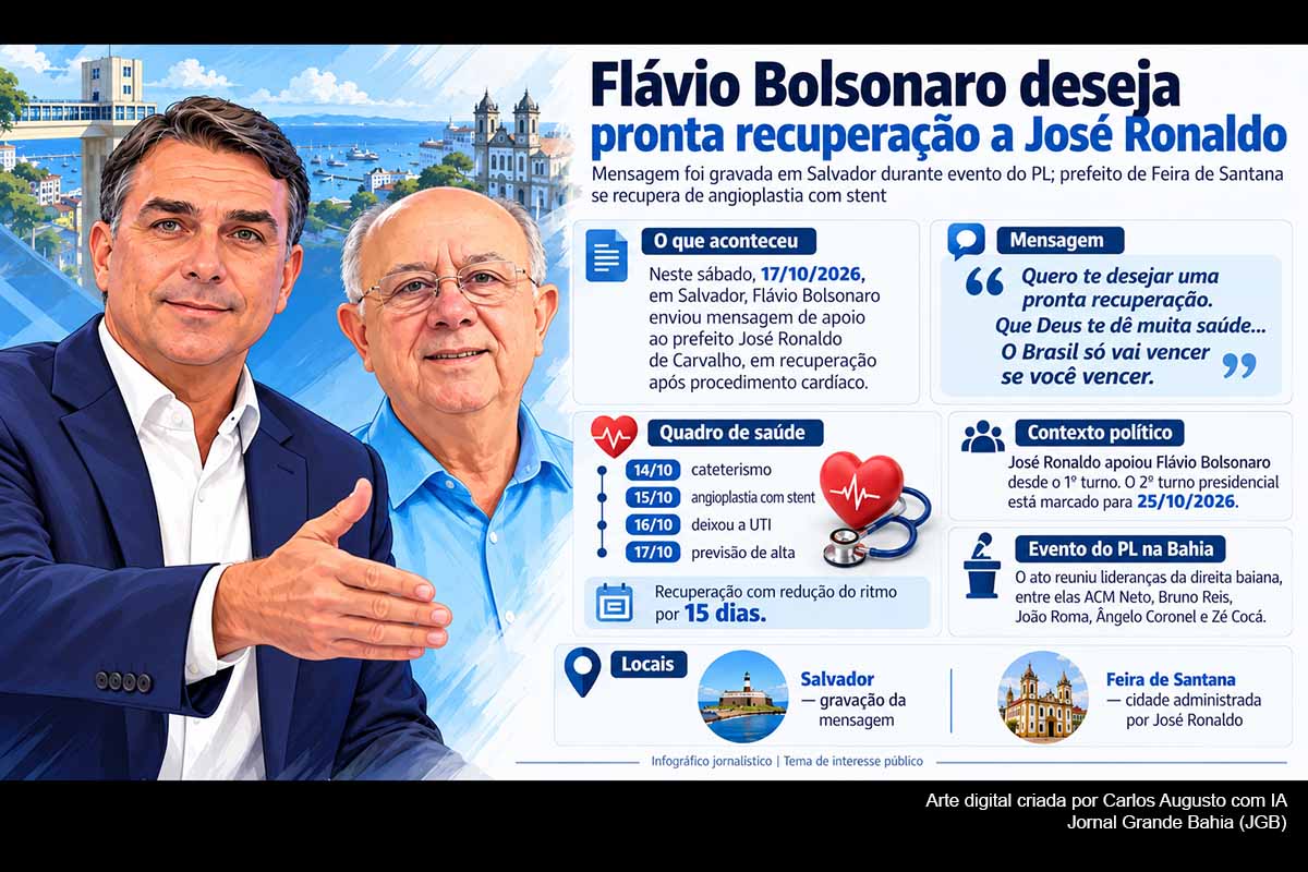 Flávio Bolsonaro gravou neste sábado (17/10/2026), durante ato eleitoral no Farol da Barra, uma mensagem desejando pronta recuperação ao prefeito José Ronaldo, que passou por angioplastia com stent em Salvador. O gesto ocorre após o gestor de Feira de Santana ter declarado apoio ao candidato ainda no primeiro turno. A mobilização reuniu ACM Neto, Bruno Reis, Tarcísio de Freitas, João Roma e outras lideranças na reta final da eleição presidencial.