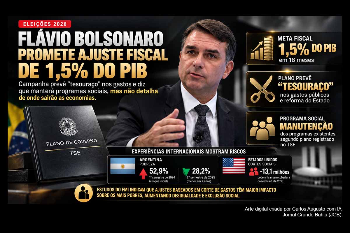 Flávio Bolsonaro promete melhorar o resultado fiscal em 1,5% do PIB em 18 meses, ao mesmo tempo que afirma preservar o Bolsa Família e outras áreas sociais. Não há comprovação de que Daniella Marques tenha anunciado o fim do programa em dez anos. A questão central é outra: sem detalhamento dos cortes, permanece o risco de que um ajuste regressivo transfira custos aos mais pobres. Argentina, EUA e estudos do FMI evidenciam a importância da composição da consolidação fiscal.