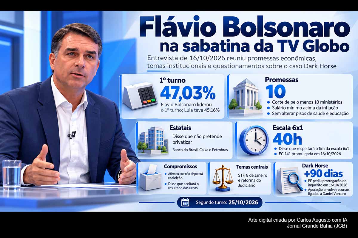 Flávio Bolsonaro detalhou propostas econômicas e institucionais na sabatina da Globo de 16/10/2026, prometendo cortar dez ministérios, preservar salário mínimo, aposentadorias e pisos de saúde e educação, respeitar o fim da escala 6x1, não disputar reeleição e aceitar o resultado eleitoral. O candidato também respondeu sobre STF, 8 de Janeiro e Dark Horse, investigação que teve pedido de prorrogação da PF no mesmo dia, enquanto pesquisas mostram empate técnico com Lula.