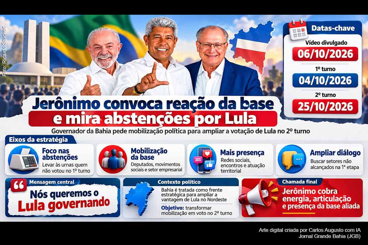 O governador Jerônimo Rodrigues convocou sua base política na Bahia a ampliar a mobilização pela reeleição de Lula no segundo turno contra Flávio Bolsonaro, marcado para 25/10/2026. A estratégia prioriza eleitores que não compareceram ao primeiro turno, atuação territorial, redes sociais e participação de prefeitos, parlamentares, movimentos sociais e setores empresariais. A disputa nacional começou com Flávio em 47,03% e Lula em 45,16% dos votos válidos.